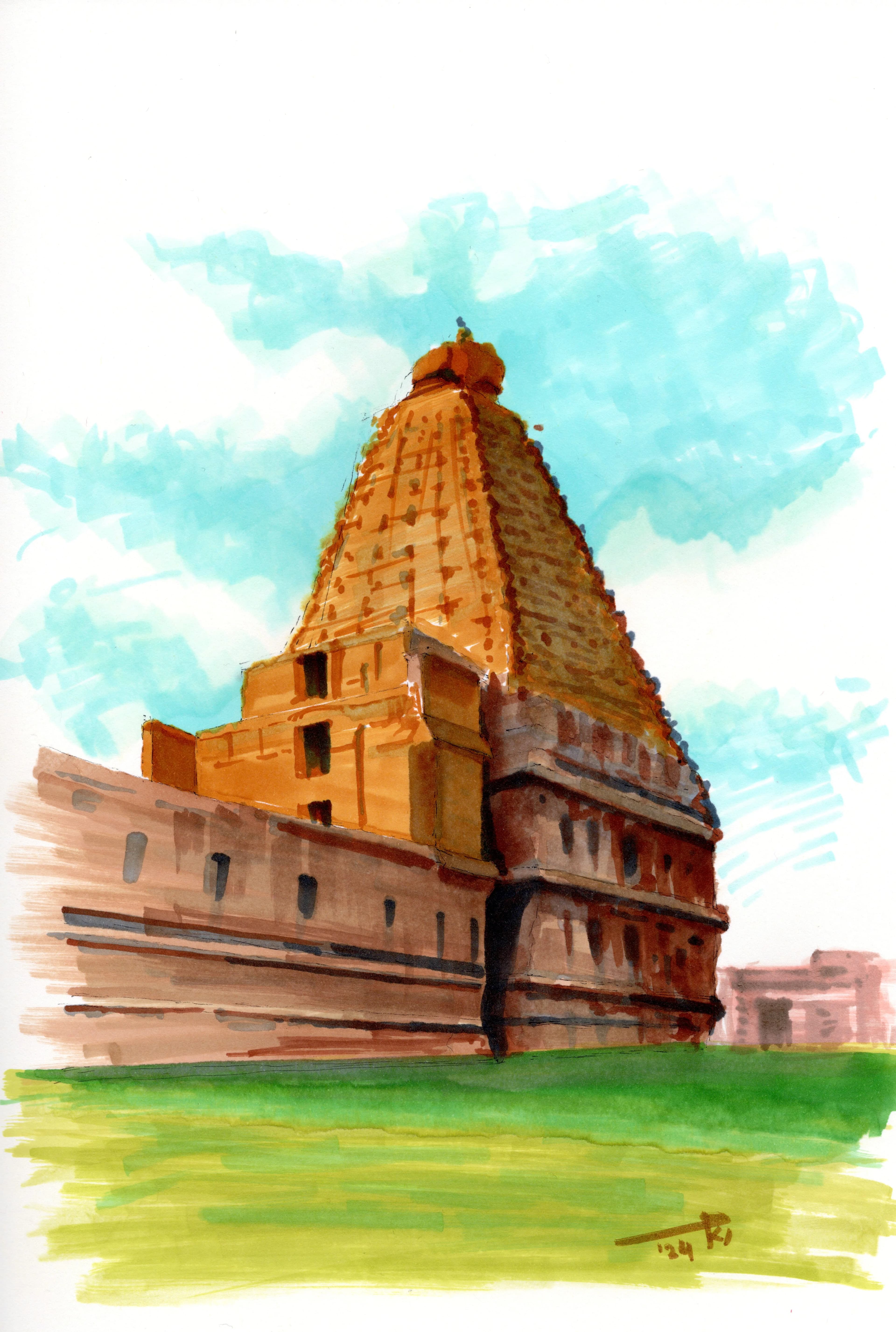 A sketch of Brihadeshwara Temple